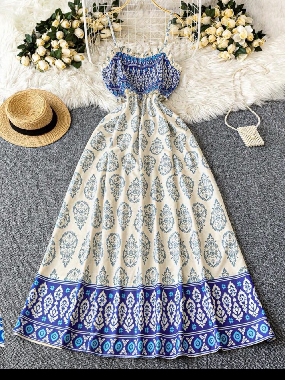 Bohemian Blue & Cream Maxi Dress with Smocked Bodice